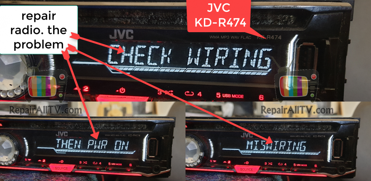 repair radio. the problem. CHECK WIRING THEN PWR ON MISWIRING KD R474 1